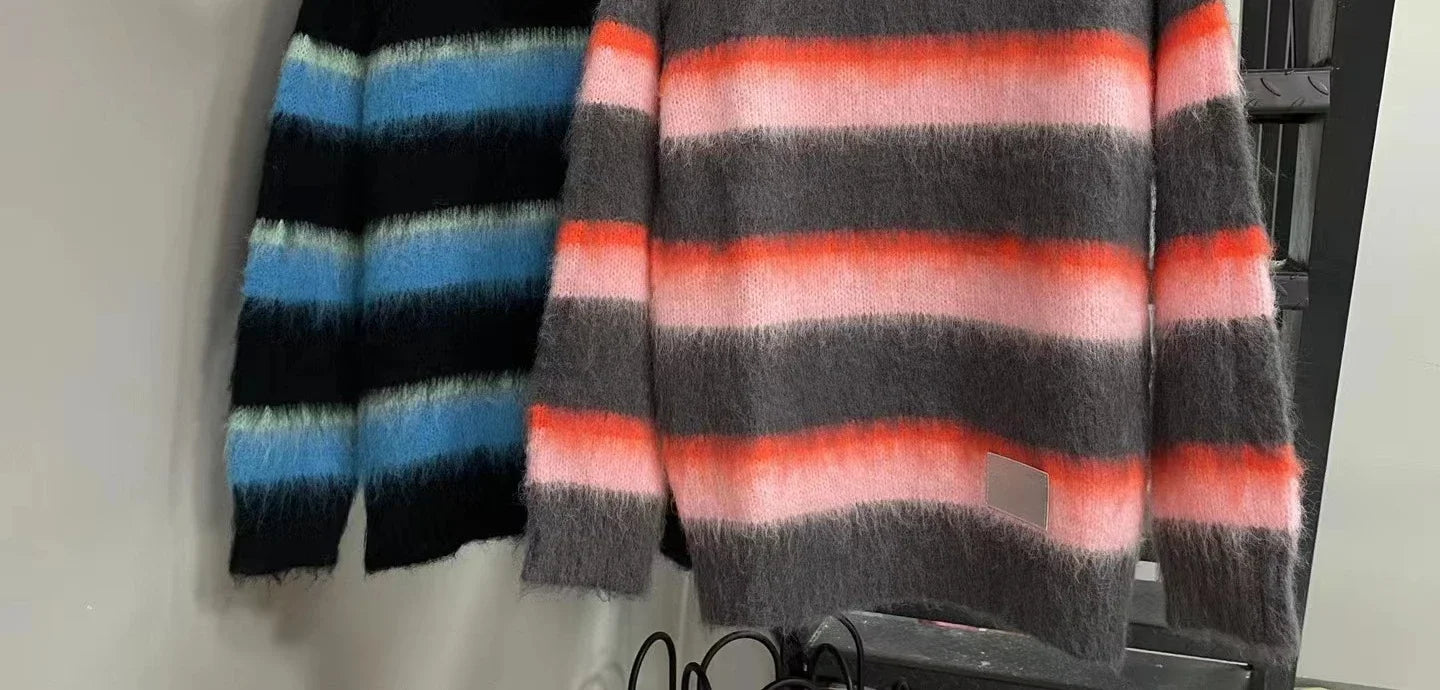 2024 New Autumn and Winter New Contrast Striped Mohair Loose Knitted Sweater