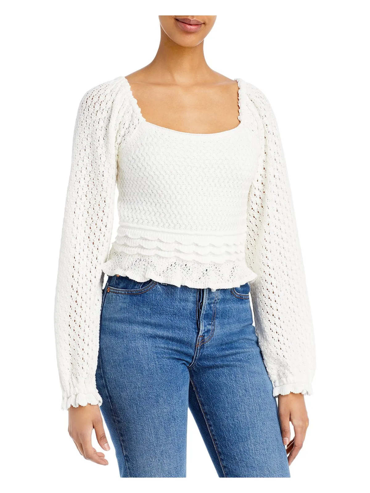 AQUA Womens White Ruffled Lined Blouson Sleeve Square Neck Crop Top Sweater