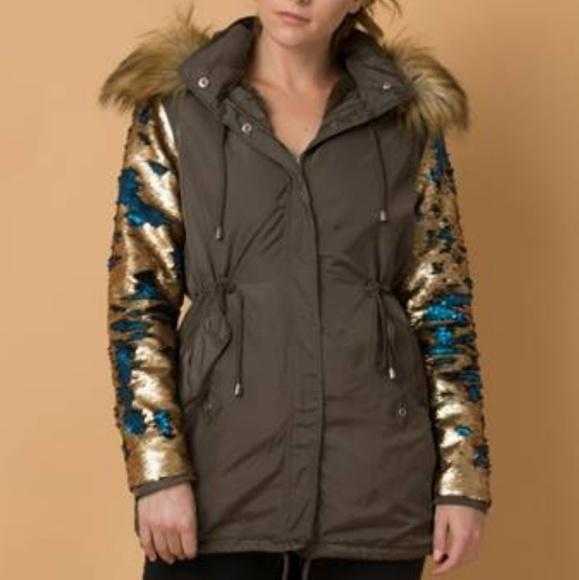 Army Green Parka Sequin Sleeves