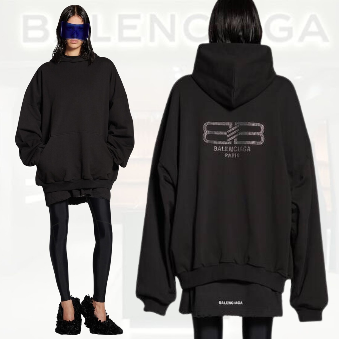 BALENCIAGA  |Bb Paris Strass Hoodie Large Fit in Black Faded