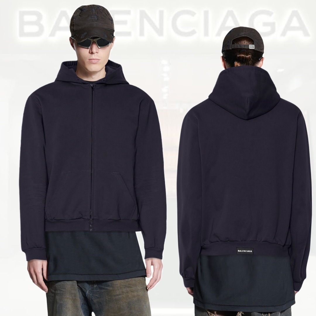 BALENCIAGA  |Men's balenciaga tab worn-out zip-up hoodie in black