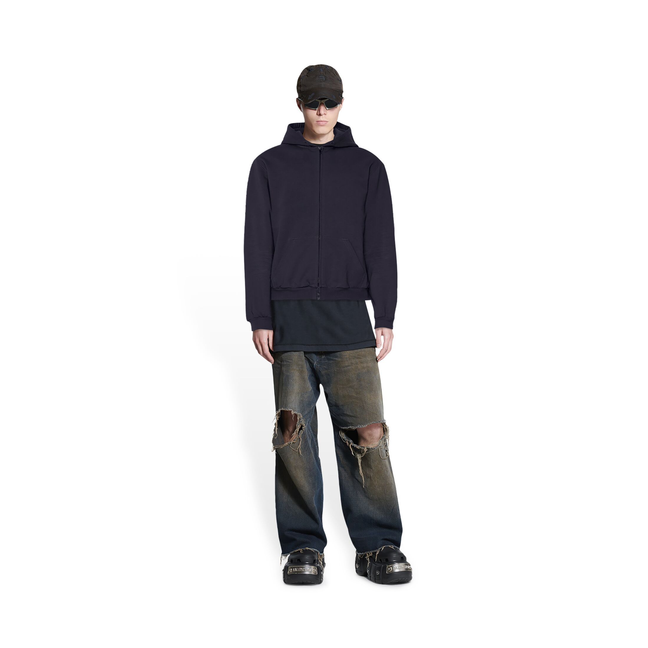 BALENCIAGA  |Men's balenciaga tab worn-out zip-up hoodie in black