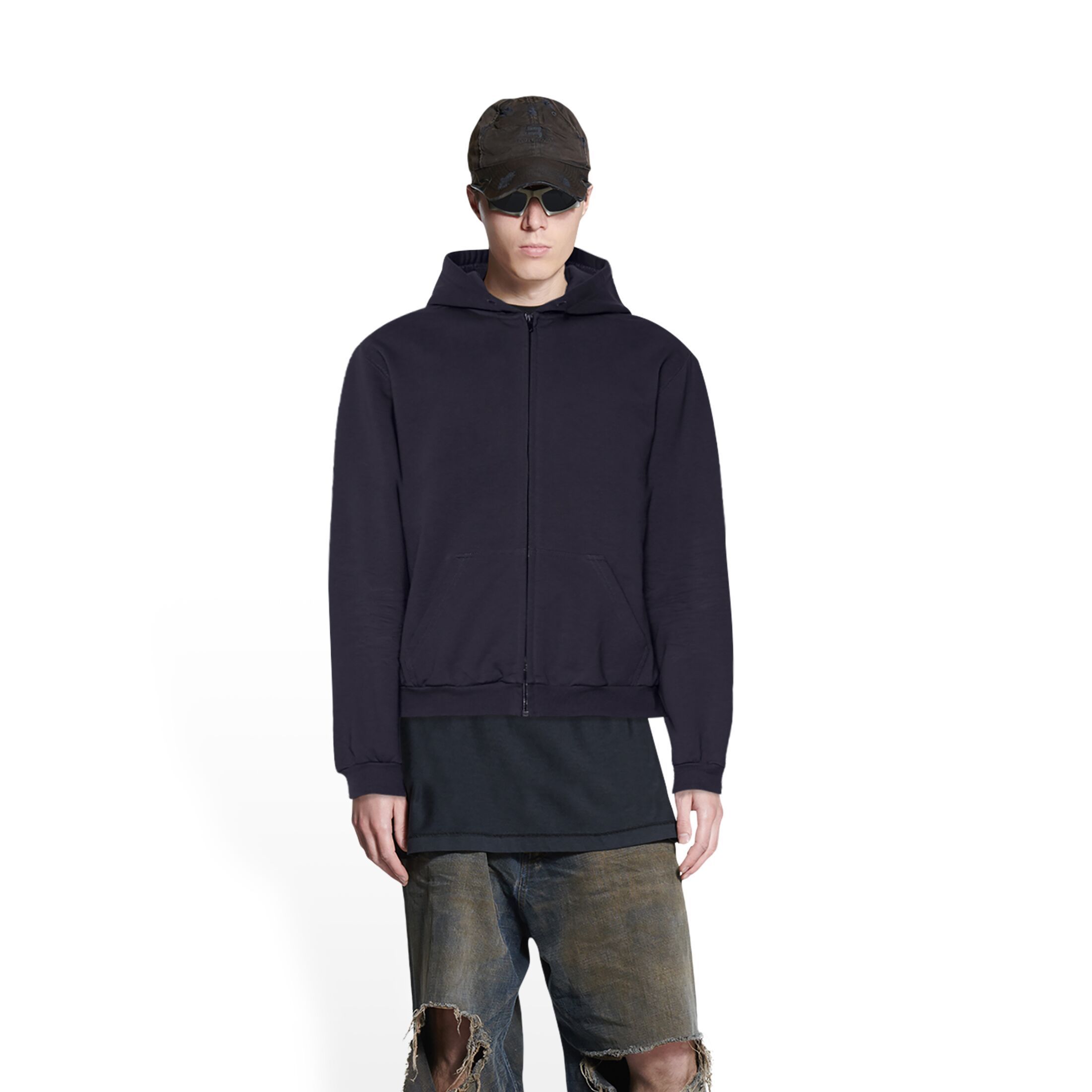 BALENCIAGA  |Men's balenciaga tab worn-out zip-up hoodie in black