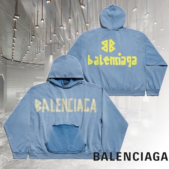 BALENCIAGA  |Men's Tape Type Ripped Pocket Hoodie Large Fit in Faded Blue