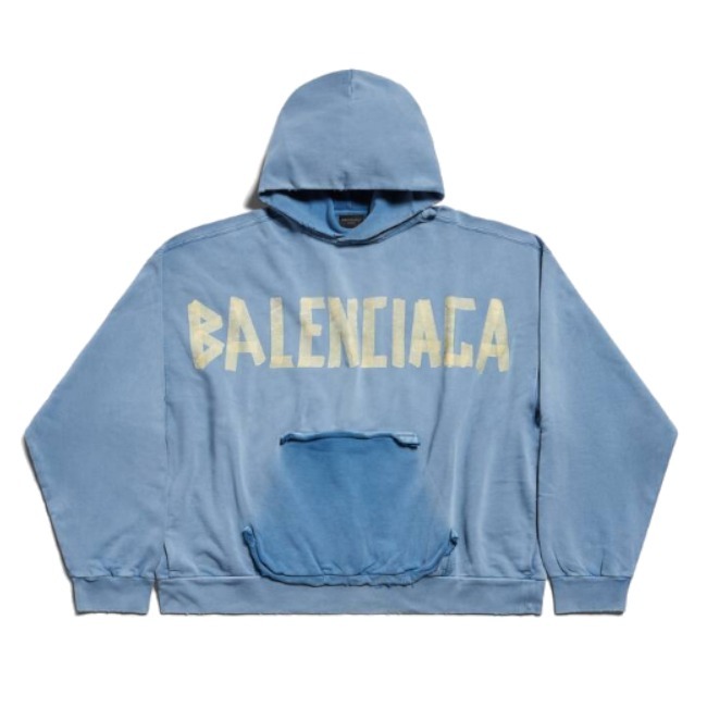 BALENCIAGA  |Men's Tape Type Ripped Pocket Hoodie Large Fit in Faded Blue