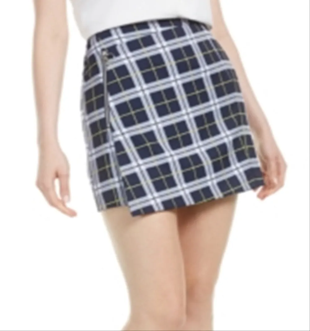 Bar III Women's Asymmetrical Plaid Mini Skirt Blue Size 6