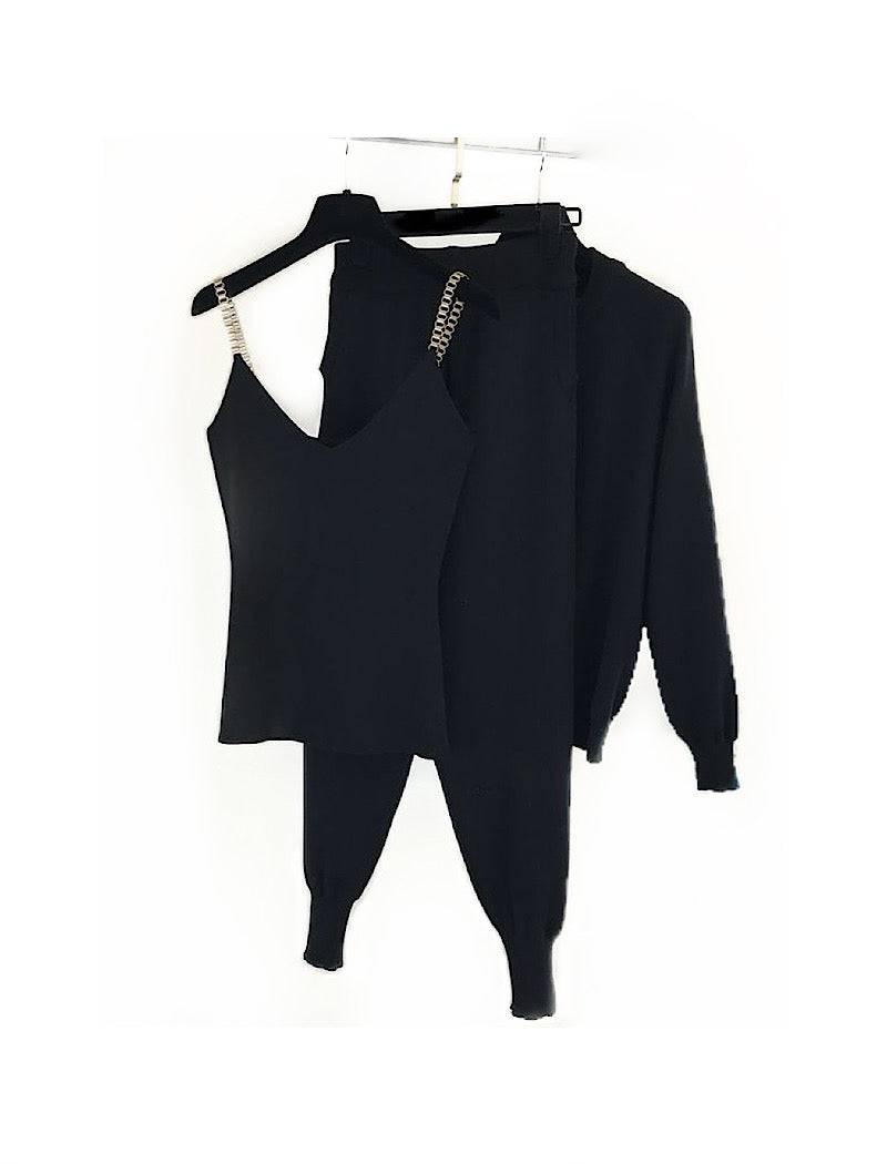 Black Ribbed Knit Chain Camisole Cardigan Pants Three Piece Set