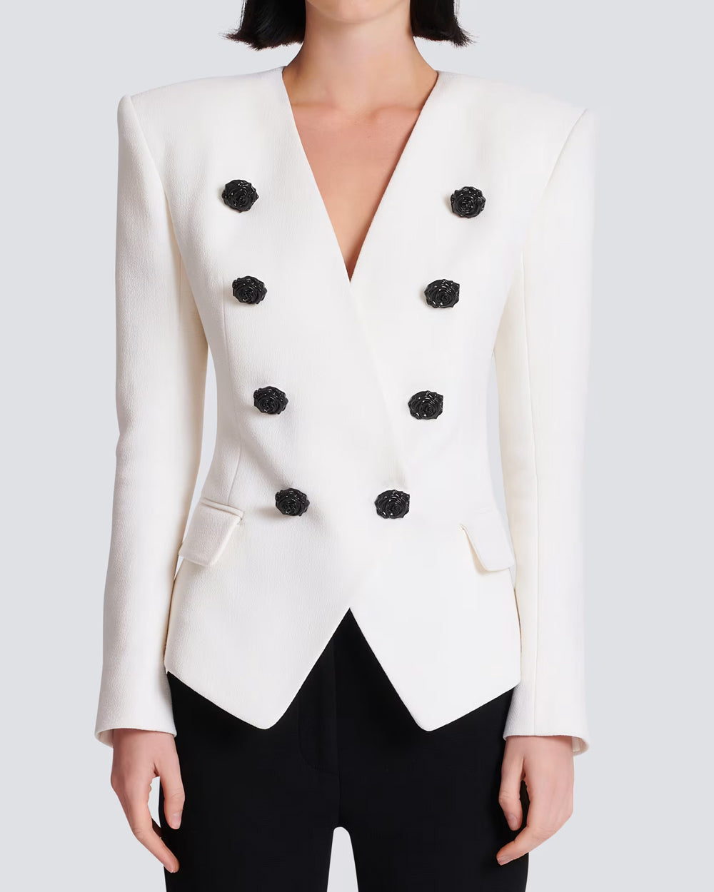 Blanc Crepe Collarless Double Breasted Jacket