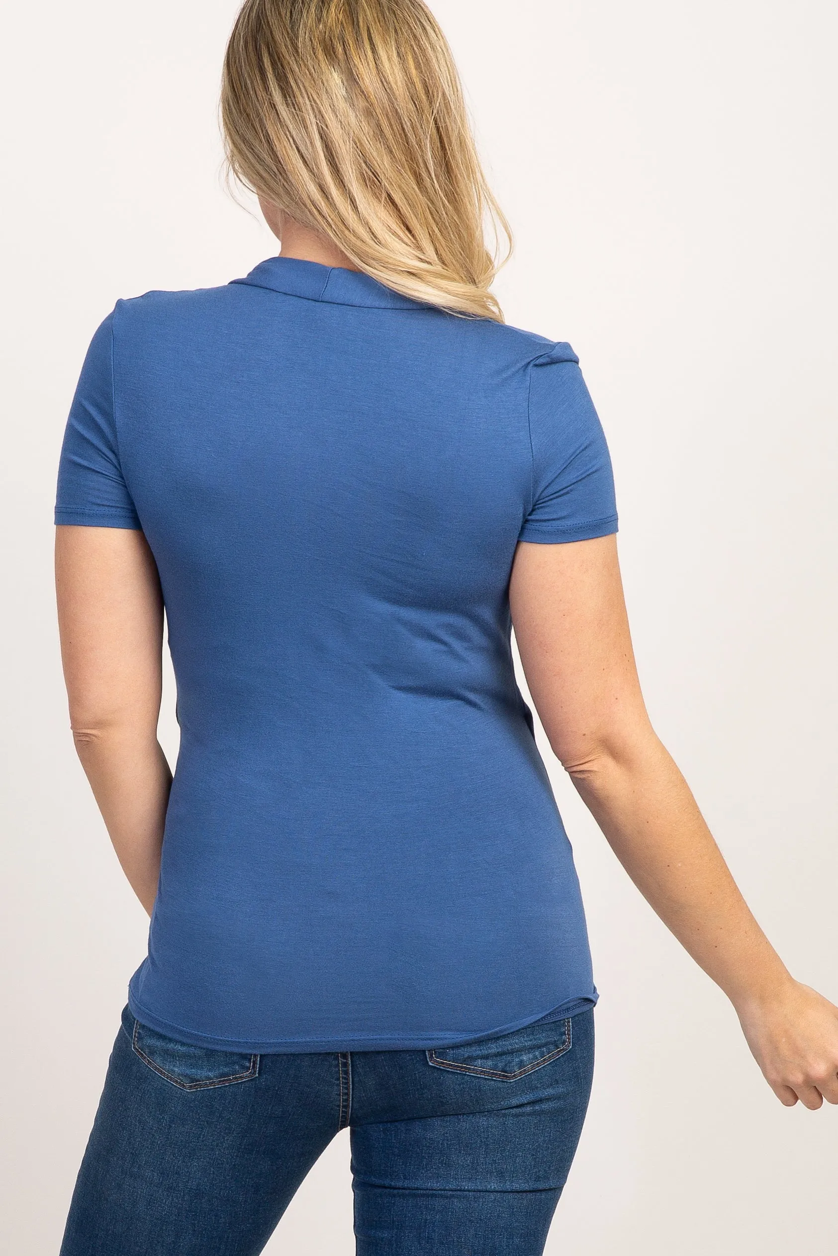 Blue Solid Short Sleeve Wrap Front Maternity/Nursing Top