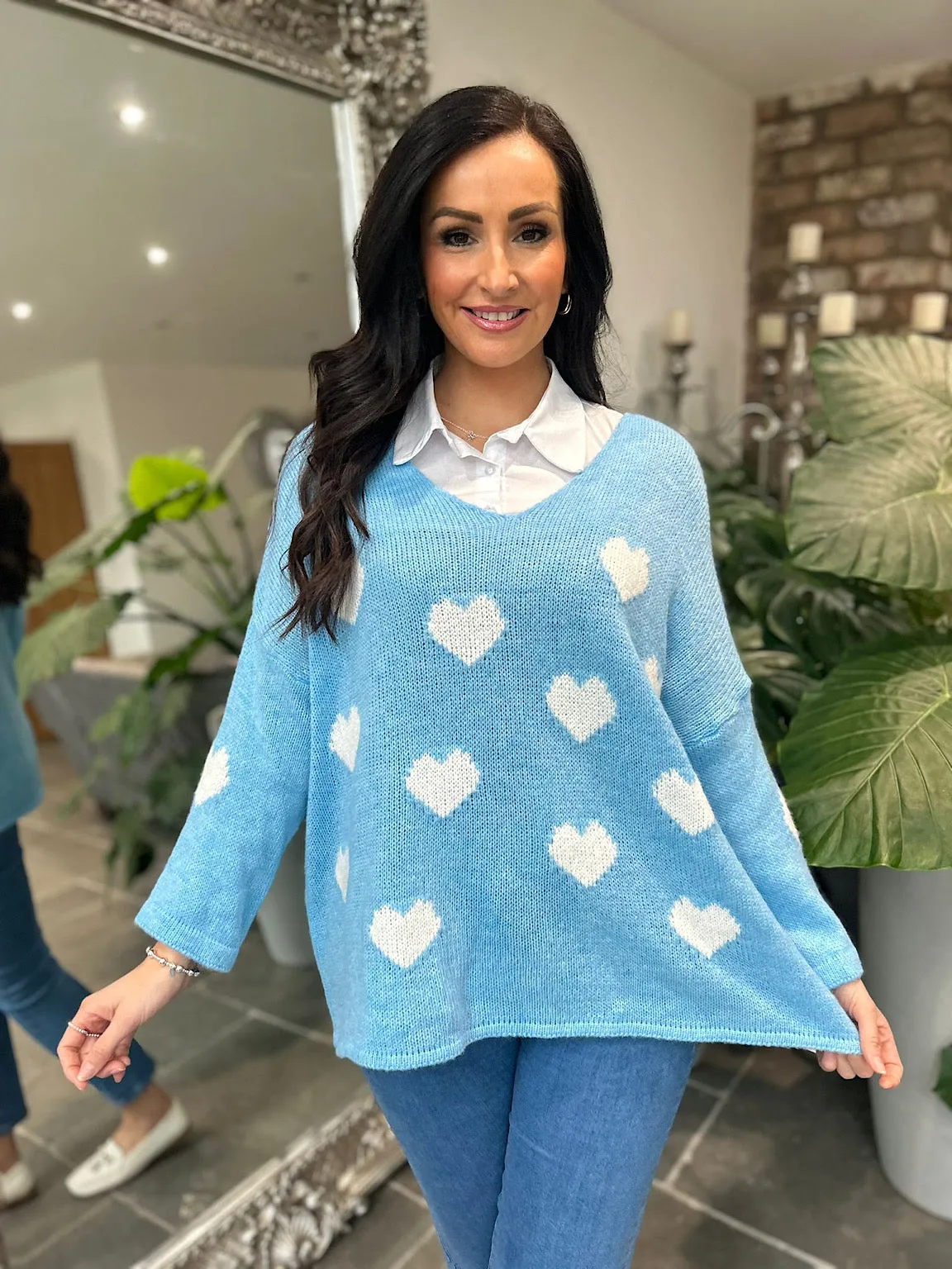 Blue V Neck Multi Heart Knit Kerry