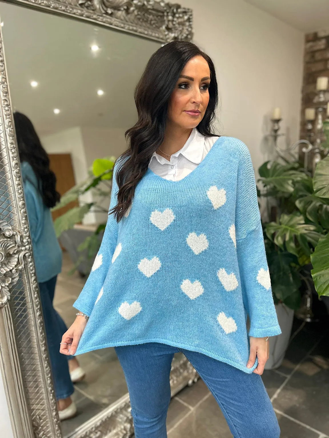 Blue V Neck Multi Heart Knit Kerry