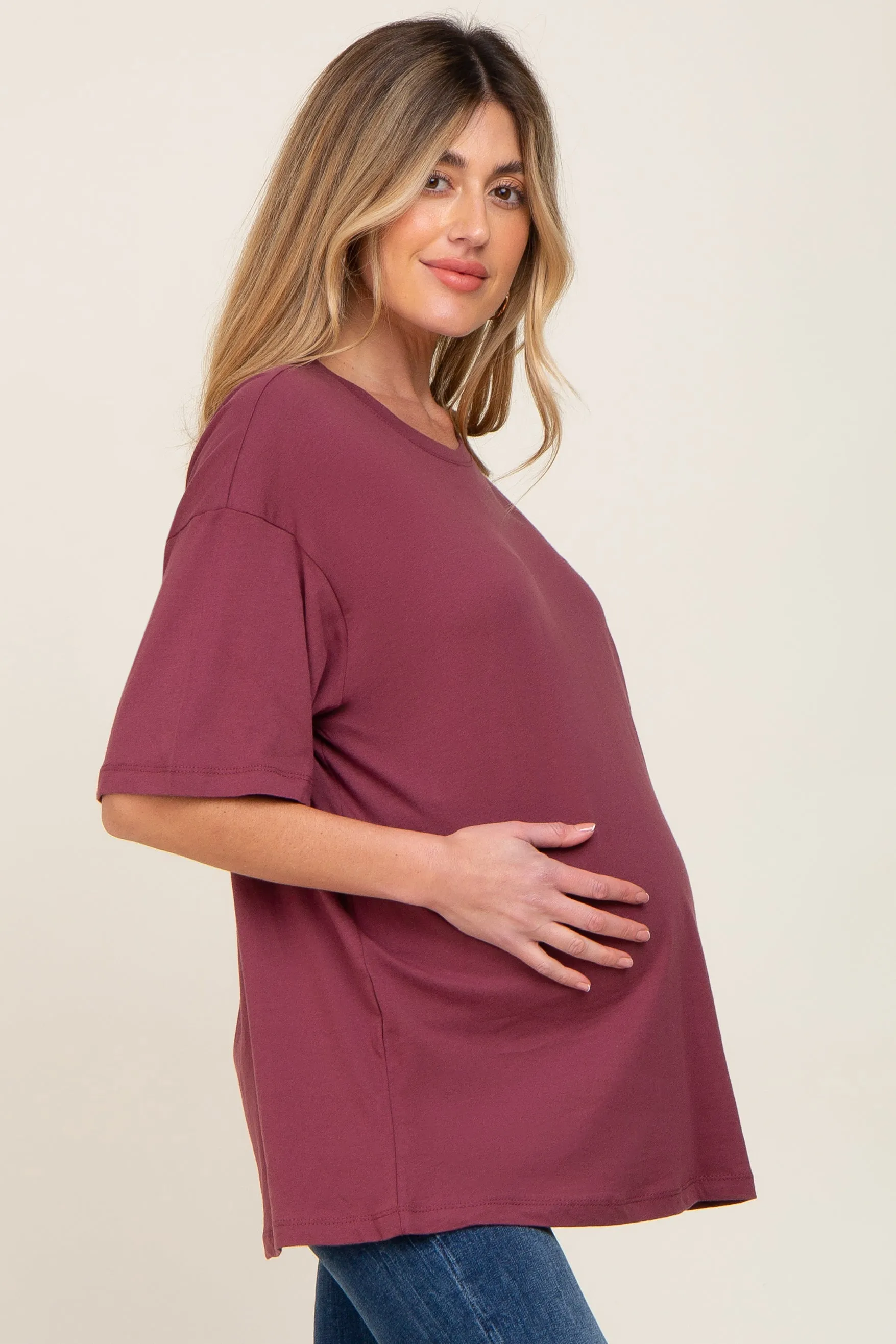 Burgundy Basic Oversized Maternity Tee