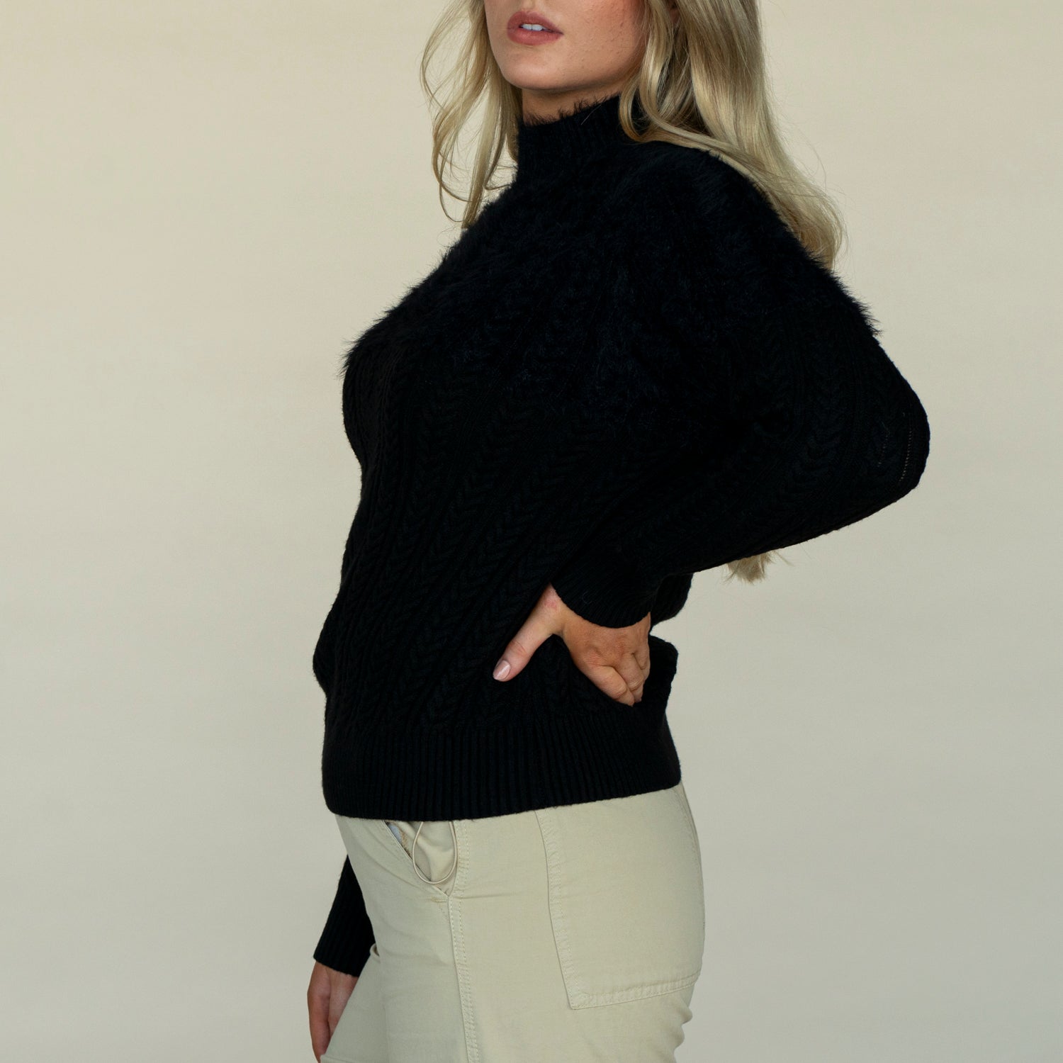 Cable Feather Plain Sweater - Black