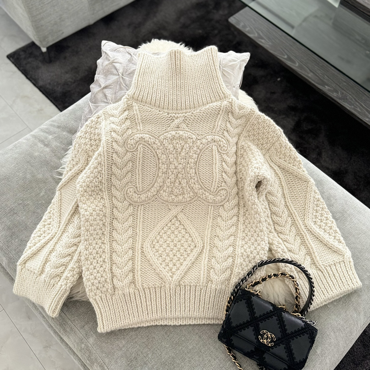 CELINE  |high neck sweater in aran alpaca wool