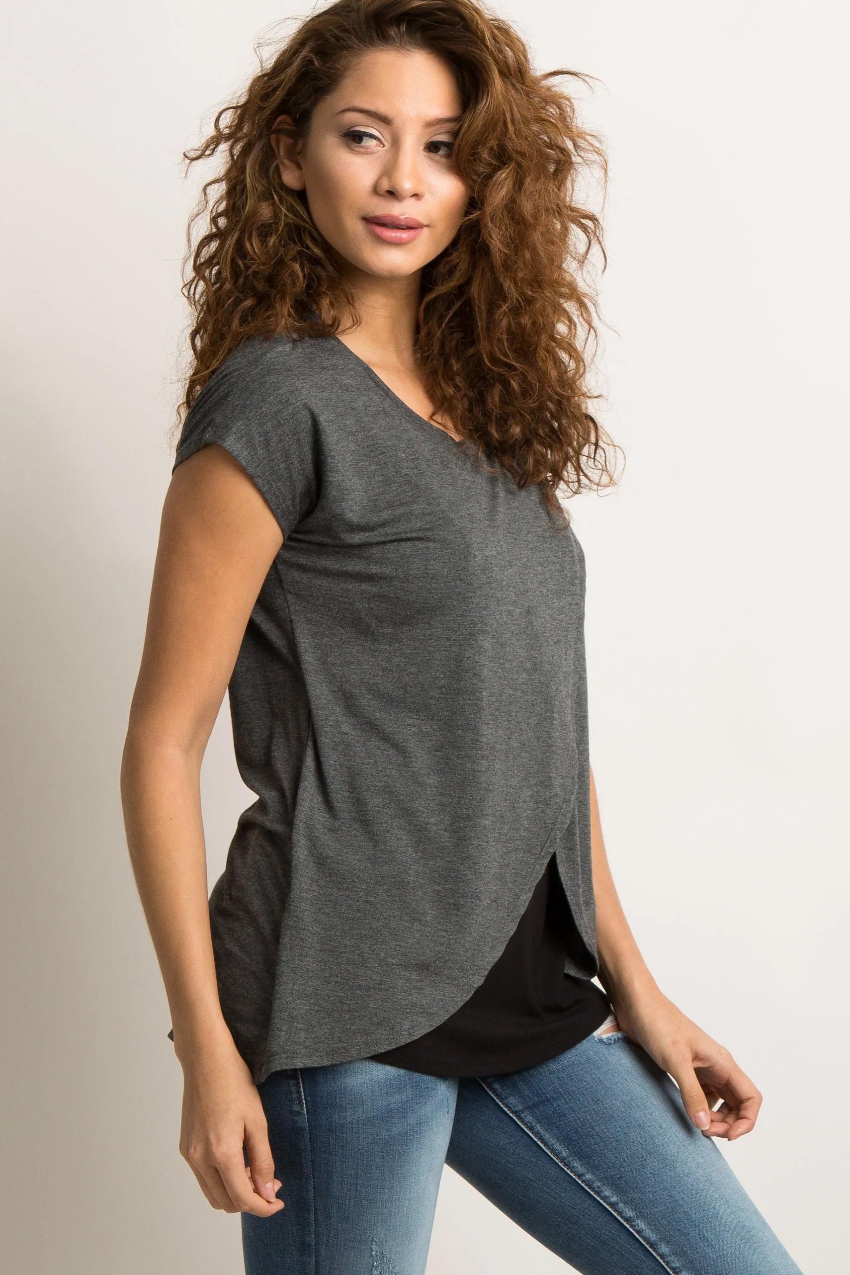 Charcoal Grey Layered Wrap Front Nursing Top