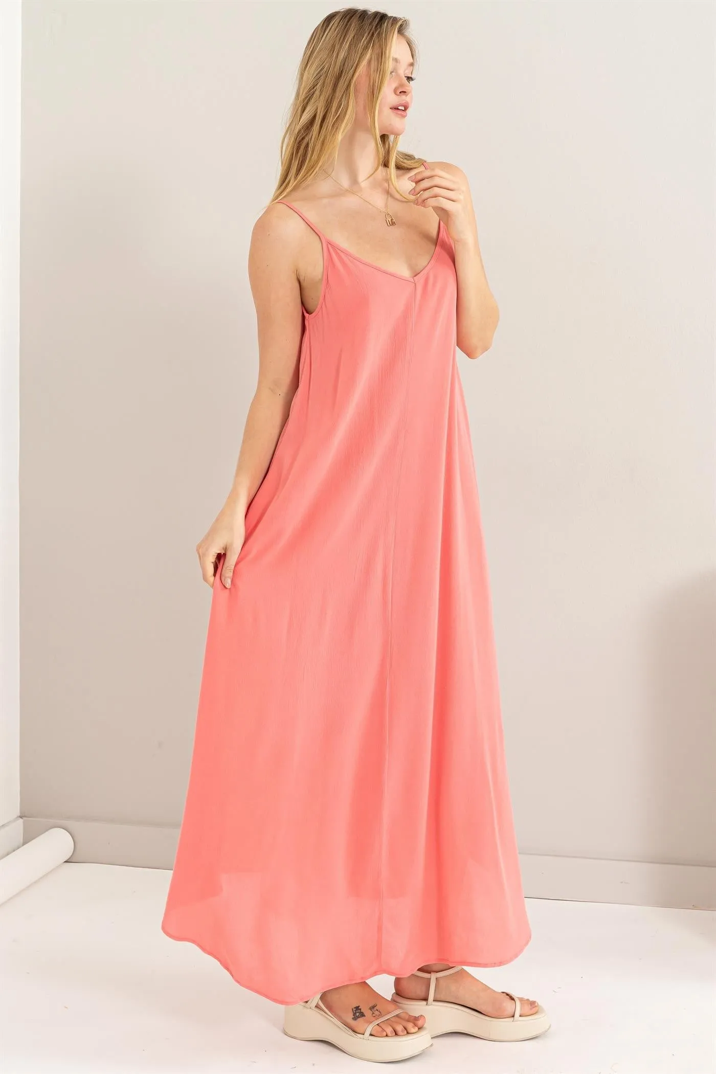 Coral Lightweight Sleeveless V-Neck Maxi Dress