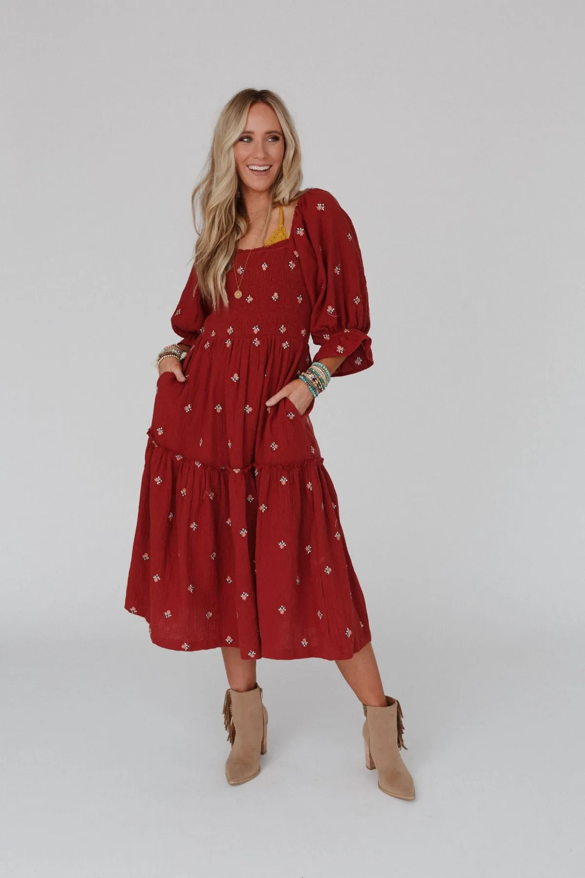 Dahlia Floral Embroidered Maxi Dress - Brick