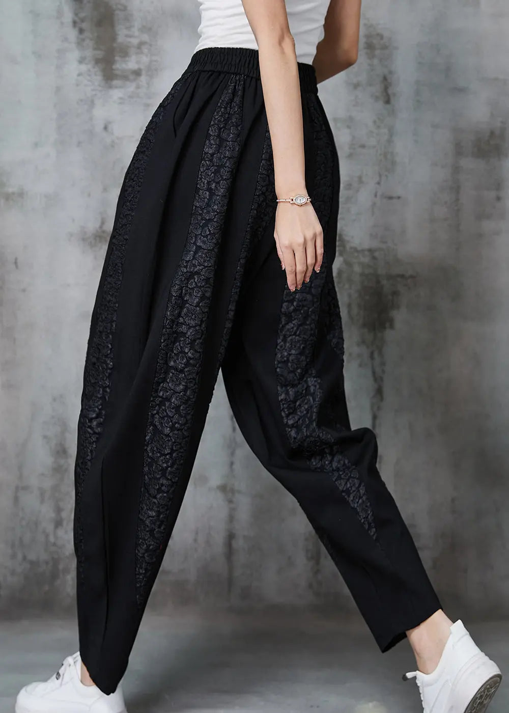 Elegant Black Oversized Patchwork Jacquard Cotton Pants Spring JK1019