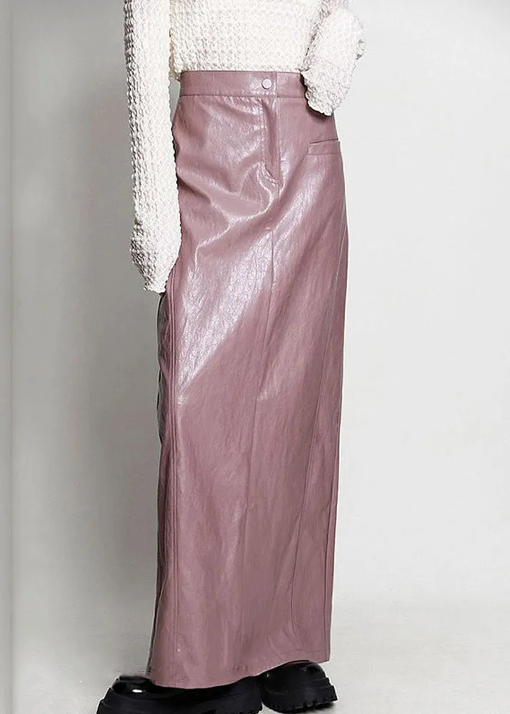 Elegant Pink Side Open High Waist Faux Leather Skirt Spring AB1045