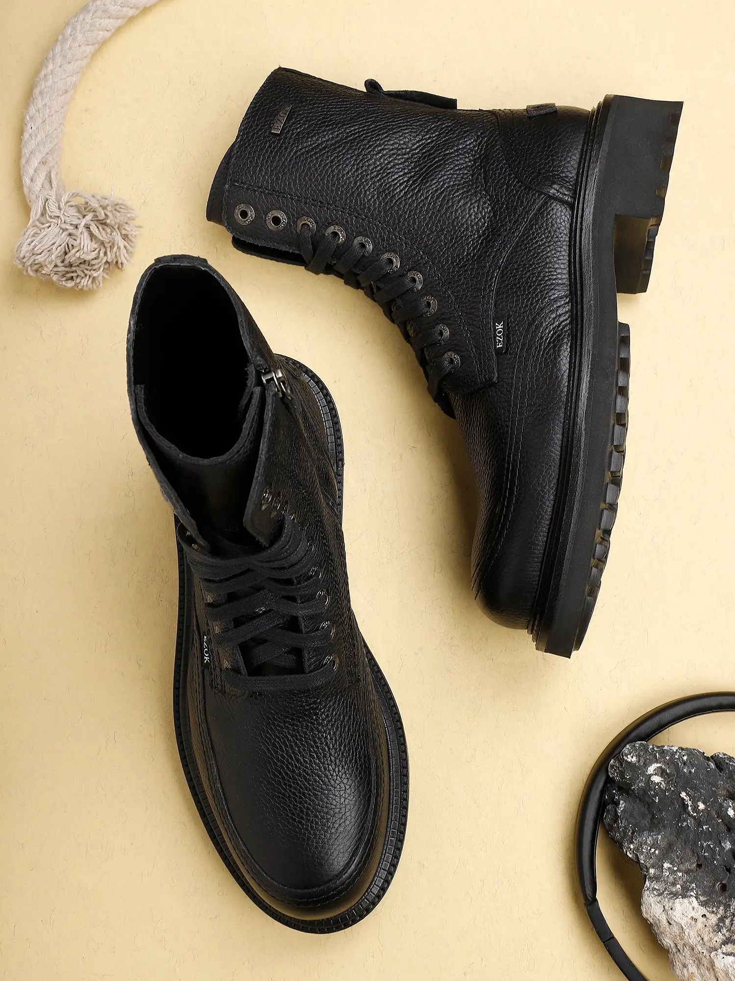 Ezok Black Lace-ups Leather Boot For Men