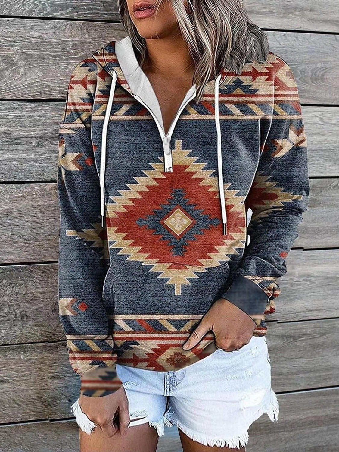 Geometric Tribal Aztecs Zip Up Hoodie Sweatshirt for Women