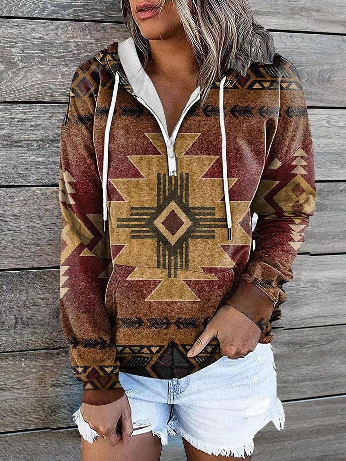 Geometric Tribal Aztecs Zip Up Hoodie Sweatshirt for Women