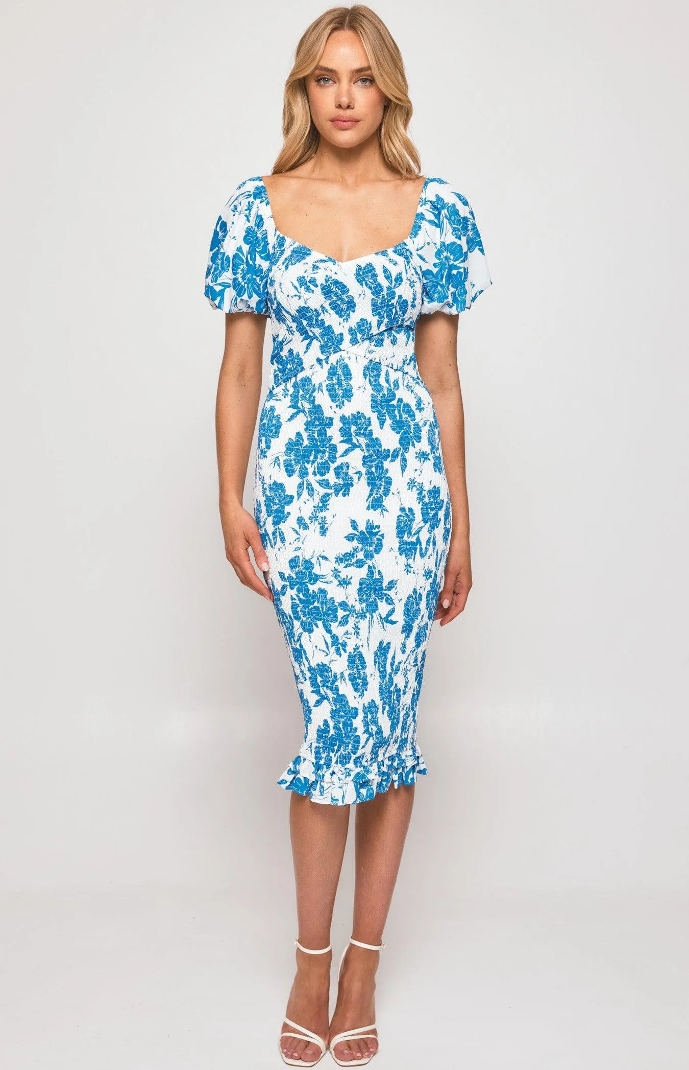 Gia Shirred Midi Dress - Blue