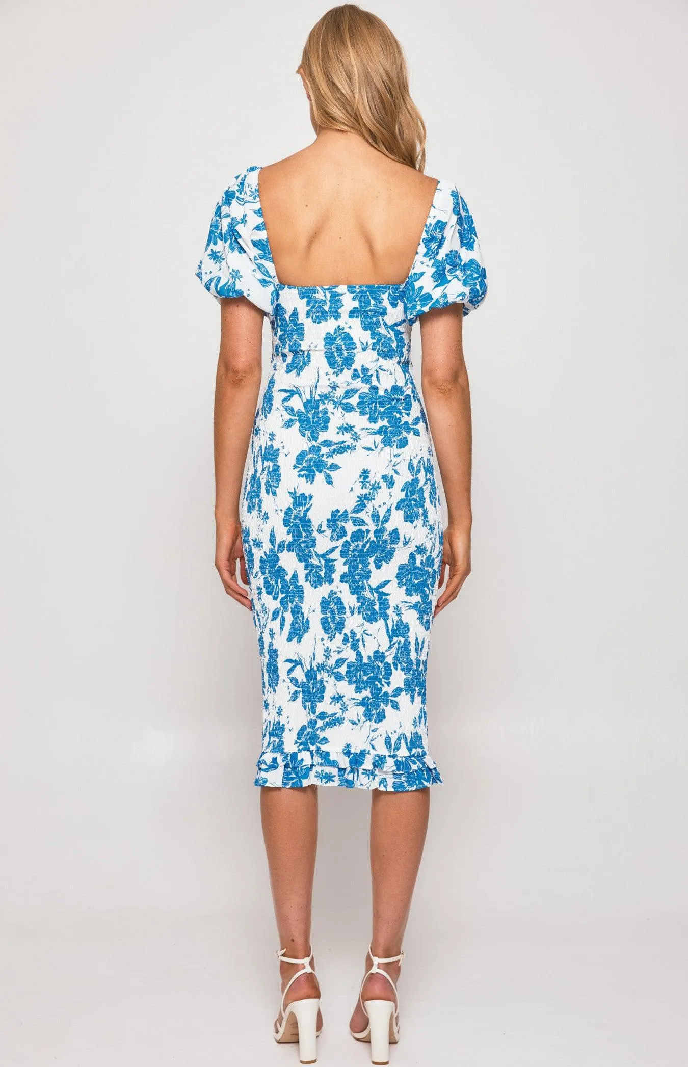 Gia Shirred Midi Dress - Blue