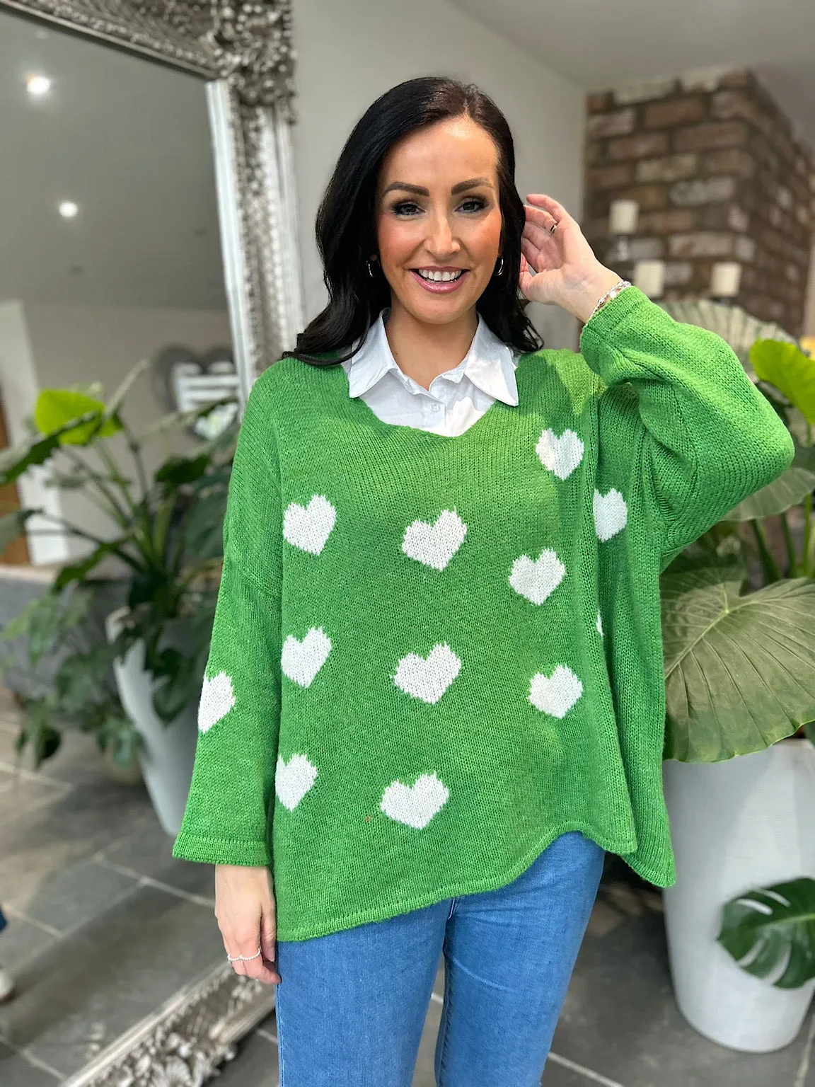 Green V Neck Multi Heart Knit Kerry