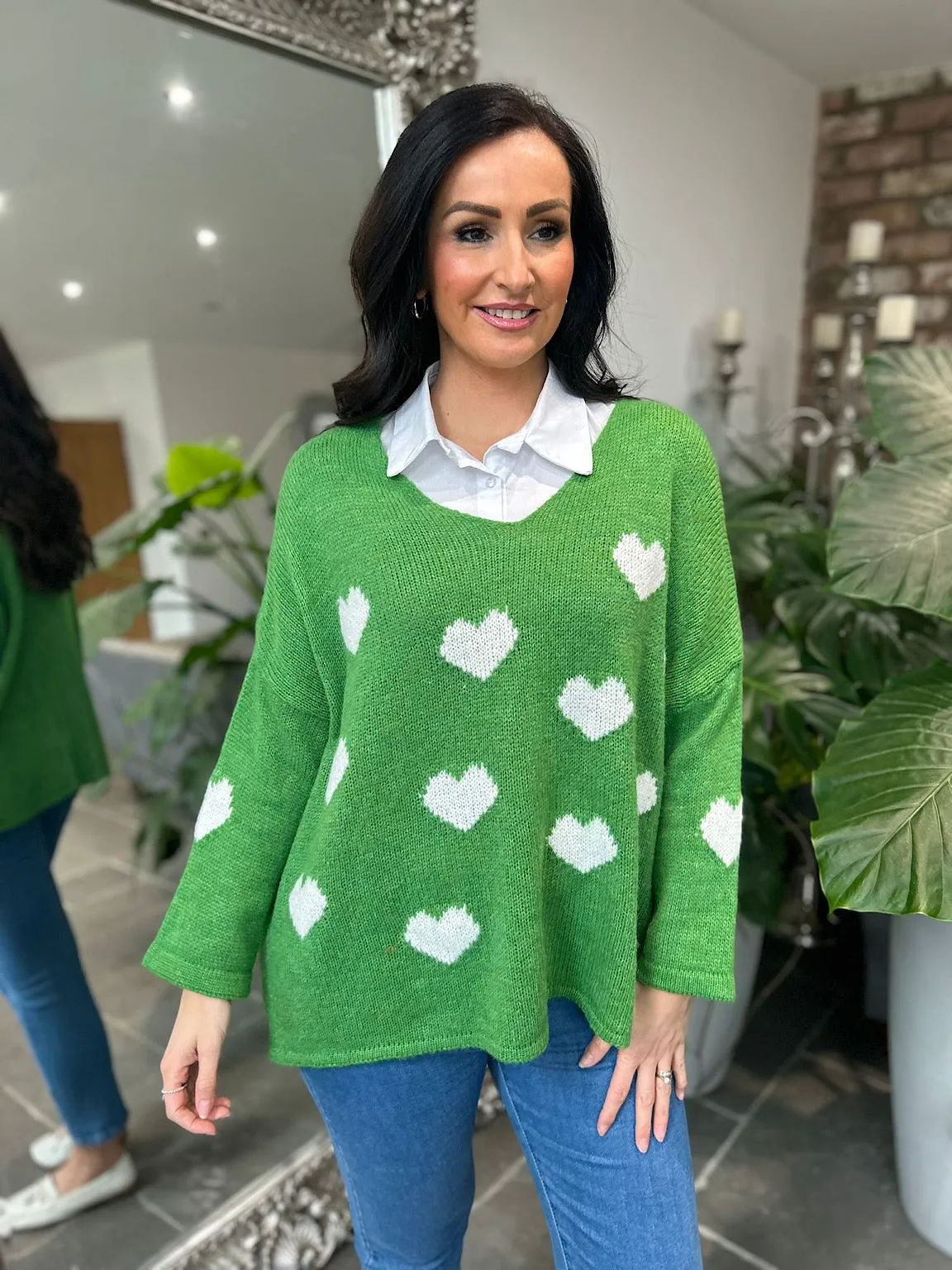 Green V Neck Multi Heart Knit Kerry