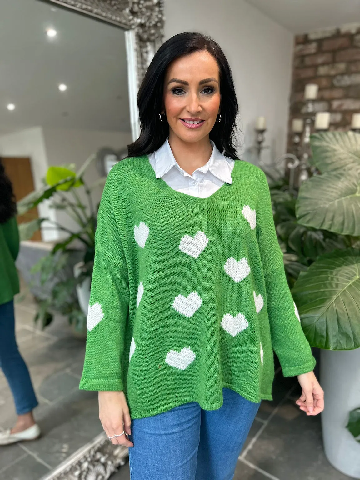 Green V Neck Multi Heart Knit Kerry