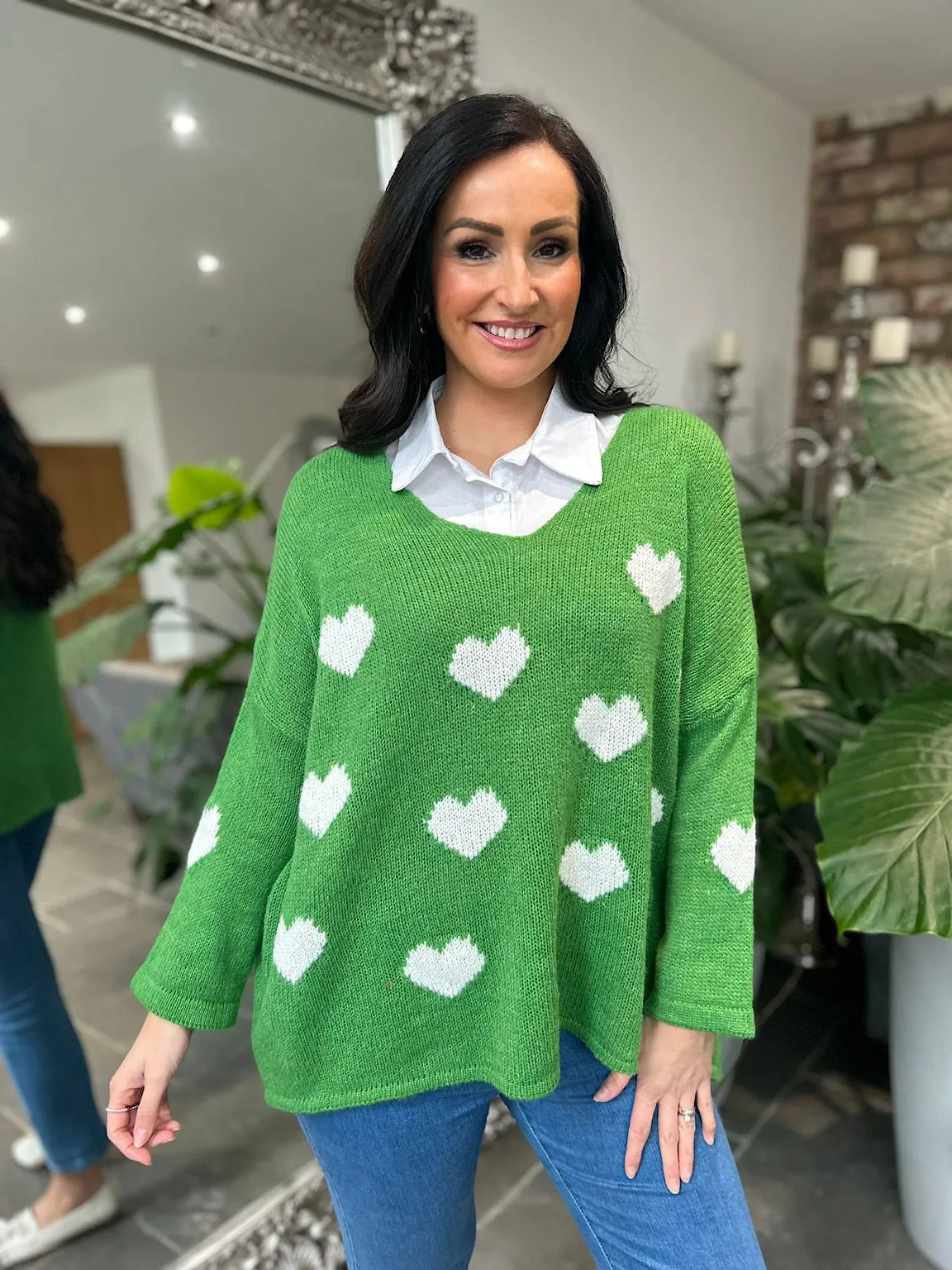 Green V Neck Multi Heart Knit Kerry