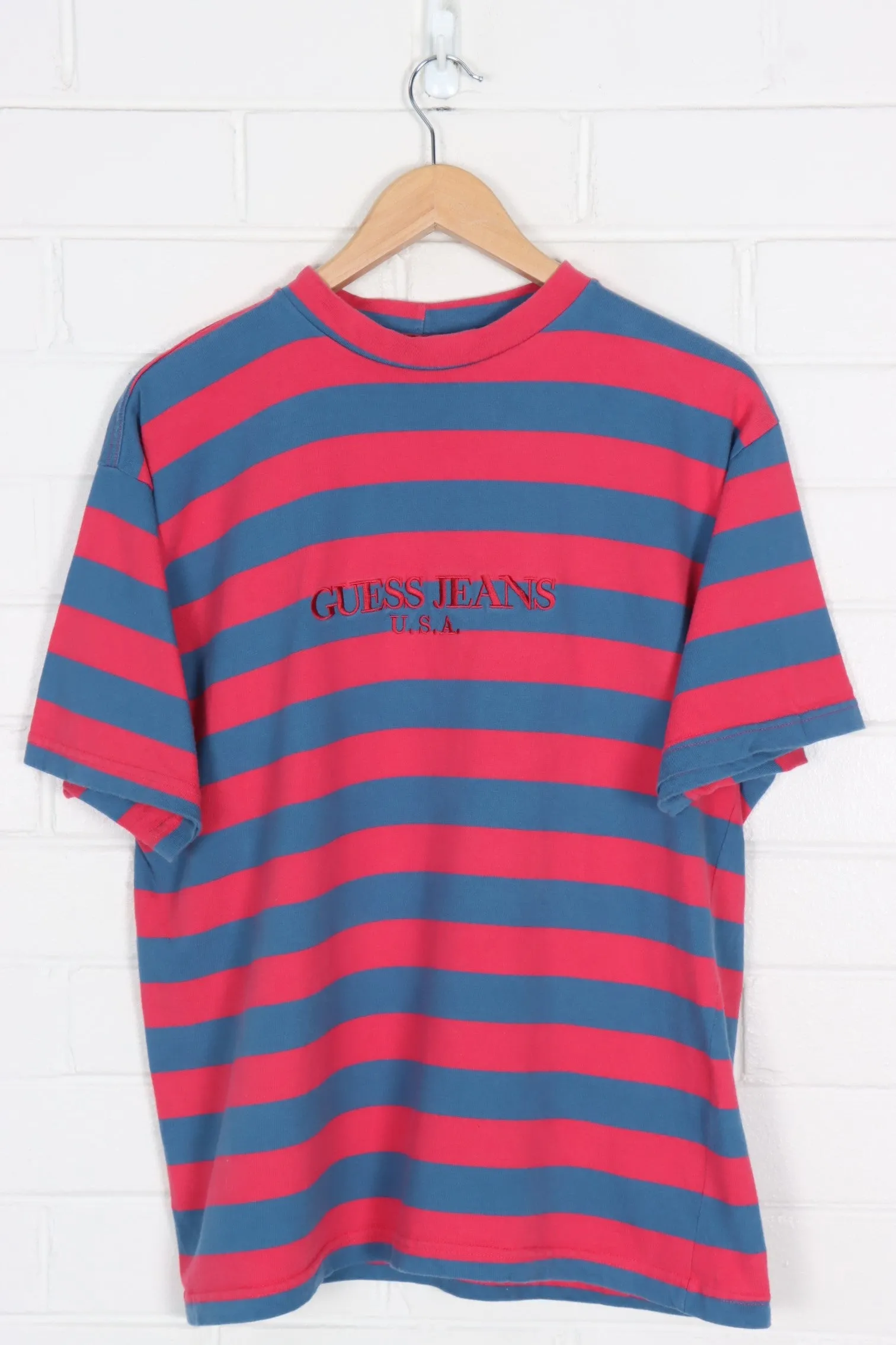 GUESS Embroidered Blue & Pink Stripe Tee USA Made (L)