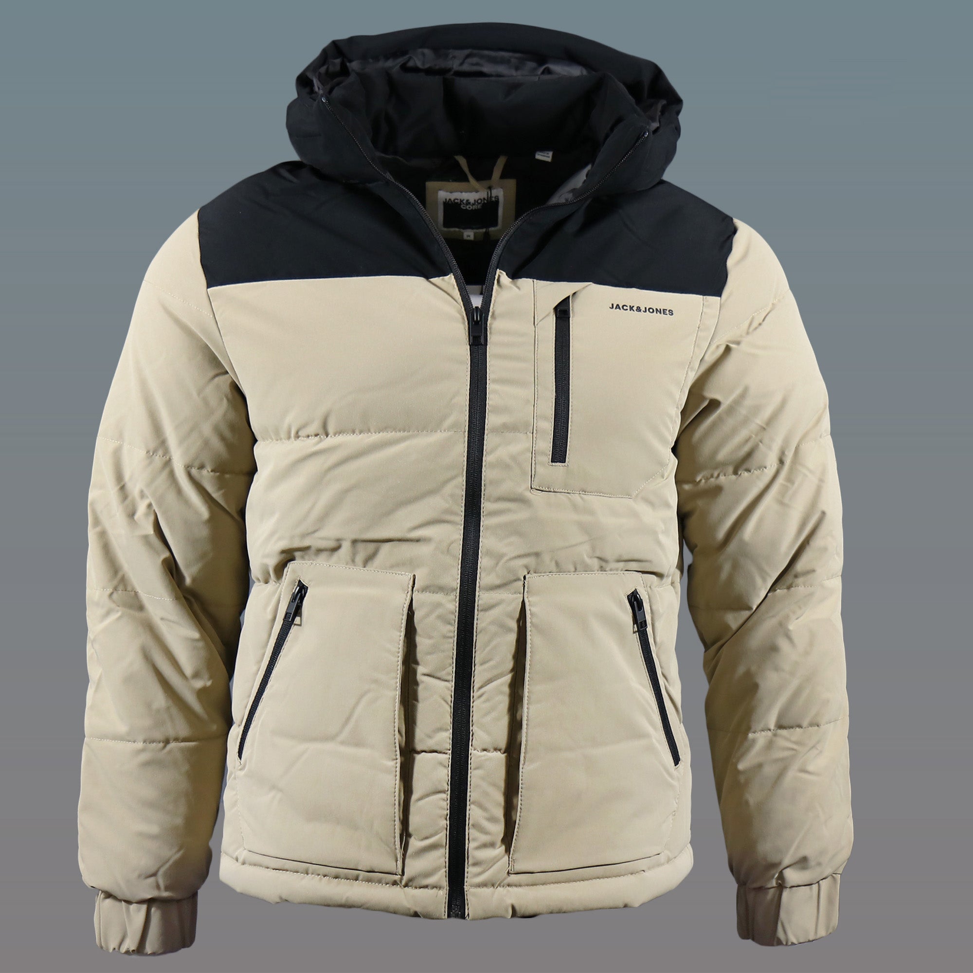 Jack And Jones Dune Puffer Jacket With Hidden Pocket | Black and Tan Puffer Jacket