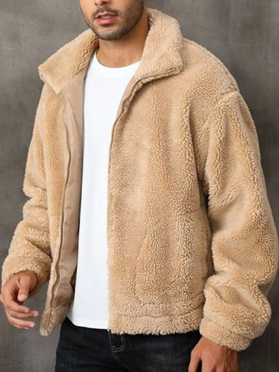 Lapel Double Pocket Zipped Sherpa Thermal Coat