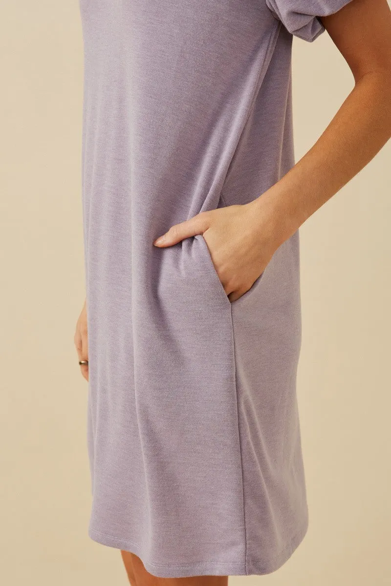 Lavender Gathered Puff Sleeve Terry Knit Dress