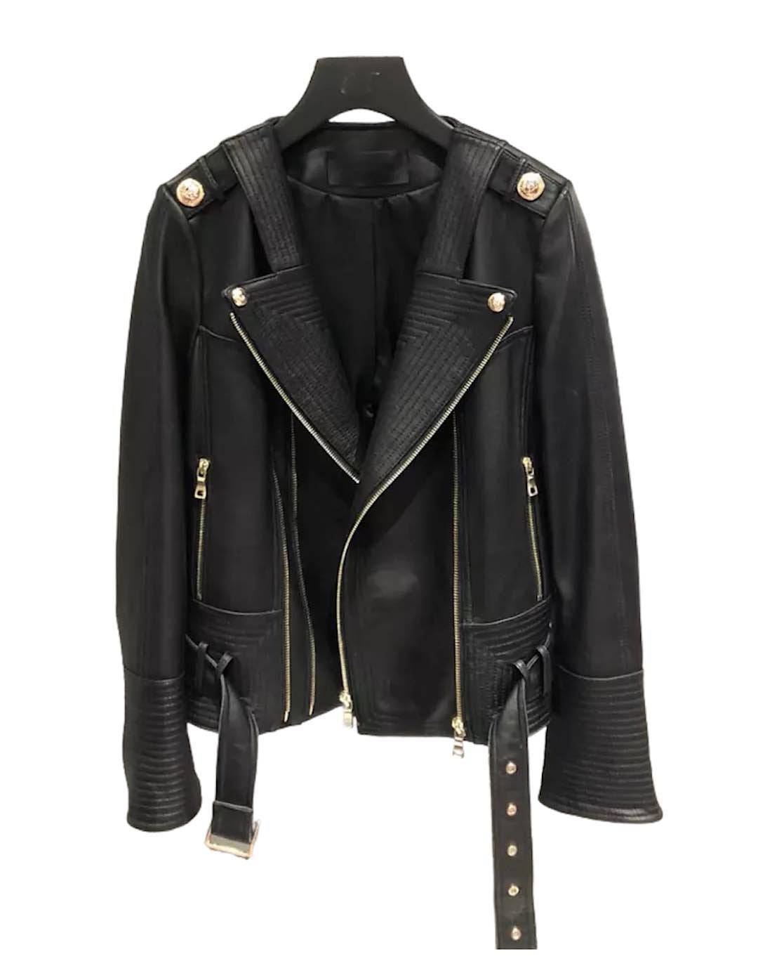 Leather Golden Trim Stitch Detail Jacket