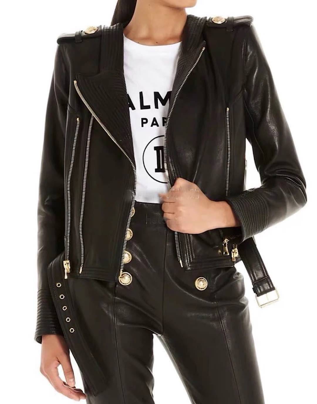 Leather Golden Trim Stitch Detail Jacket