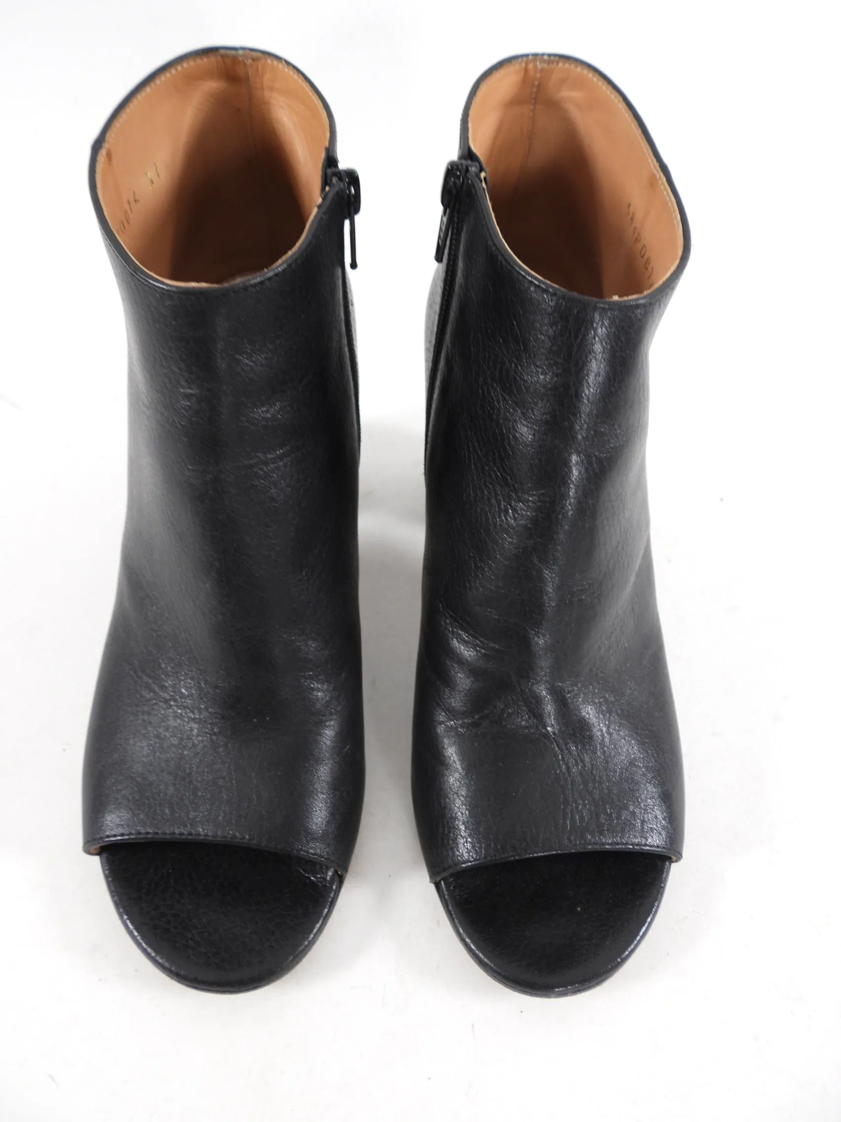 Maison Margiela Black Block Heel Peep Toe Leather Booties - 37