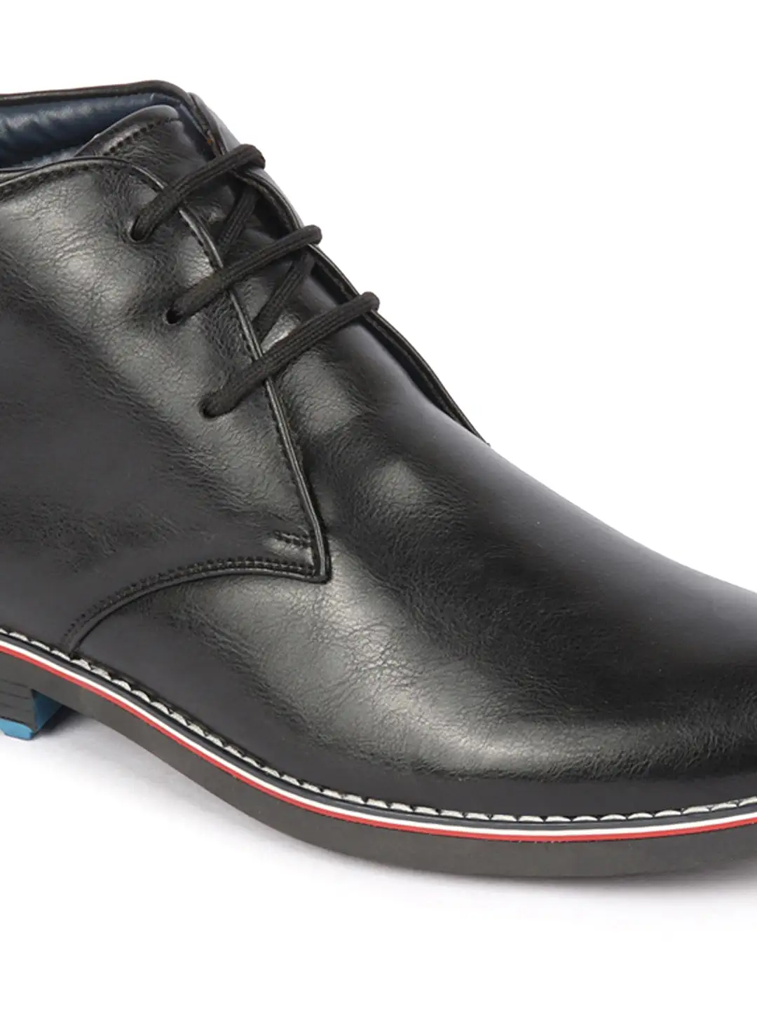 Men Black Genuine Leather Mid Top Chukka Lace Up Boots with TPR Welted Colorblocked Sole