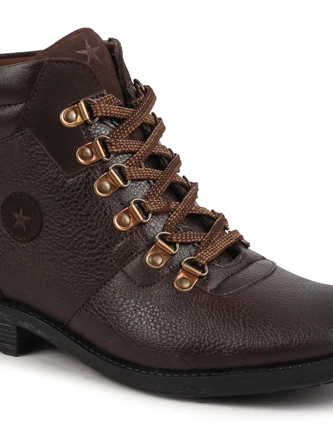 Men Brown Genuine Leather 6-Eye Metallic Lace Up Hook Classic High Ankle Boot For Trekking|Biking|Hiking