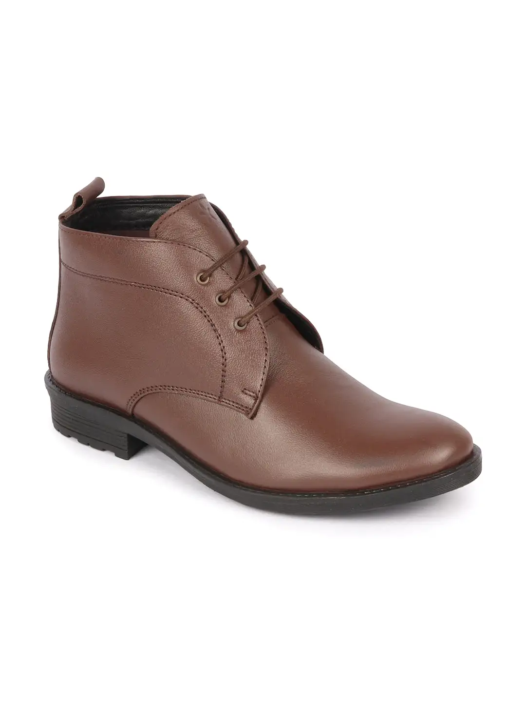 Men Brown Genuine Leather Broad Feet Mid Top Chukka Lace Up Boots with TPR Welted Sole