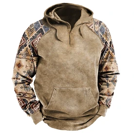 Men's Outdoor Vintage Patchwork Ethnic Pattern Print Hoodie