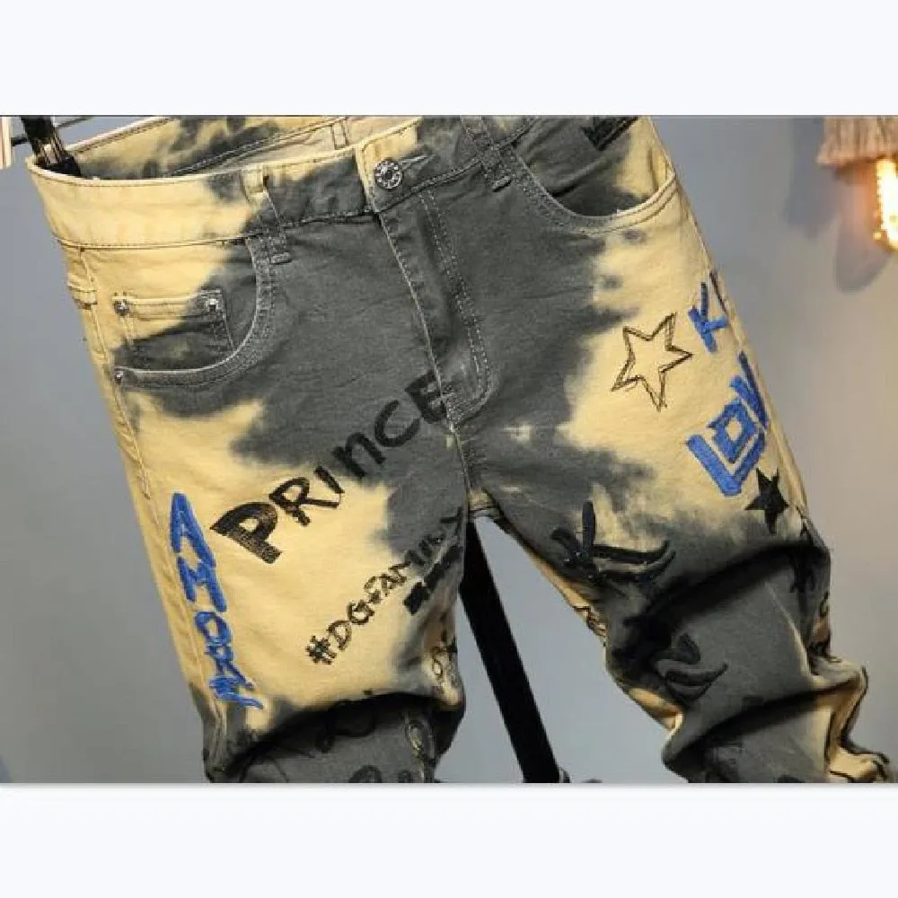 Men's Punk Style Embroidery Printed Pattern Casual Skinny Jeans Pants