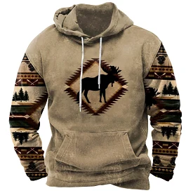 Men's Vintage Ethnic Panel Print Pocket Hoodie