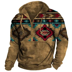 Men's Vintage Ethnic Print Pocket Half Zip Hoodie