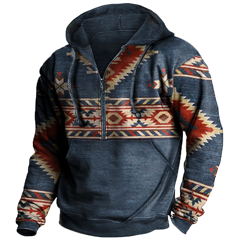 Men's Vintage Ethnic Print Pocket Zip Hoodie