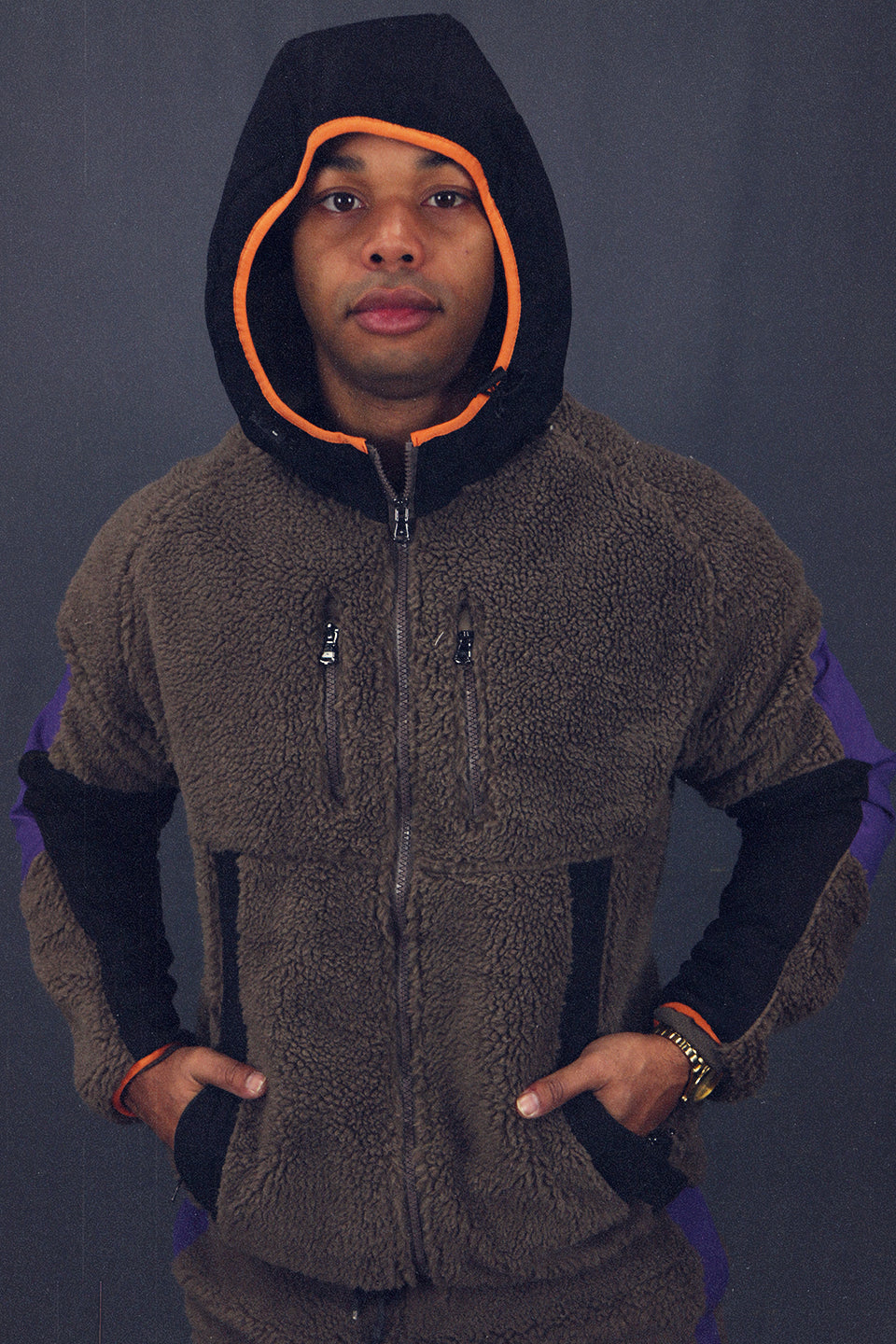 Mocha Sherpa Tech Jacket With Zipper Pockets For Sherpa Two Piece Set To Match Sneakers