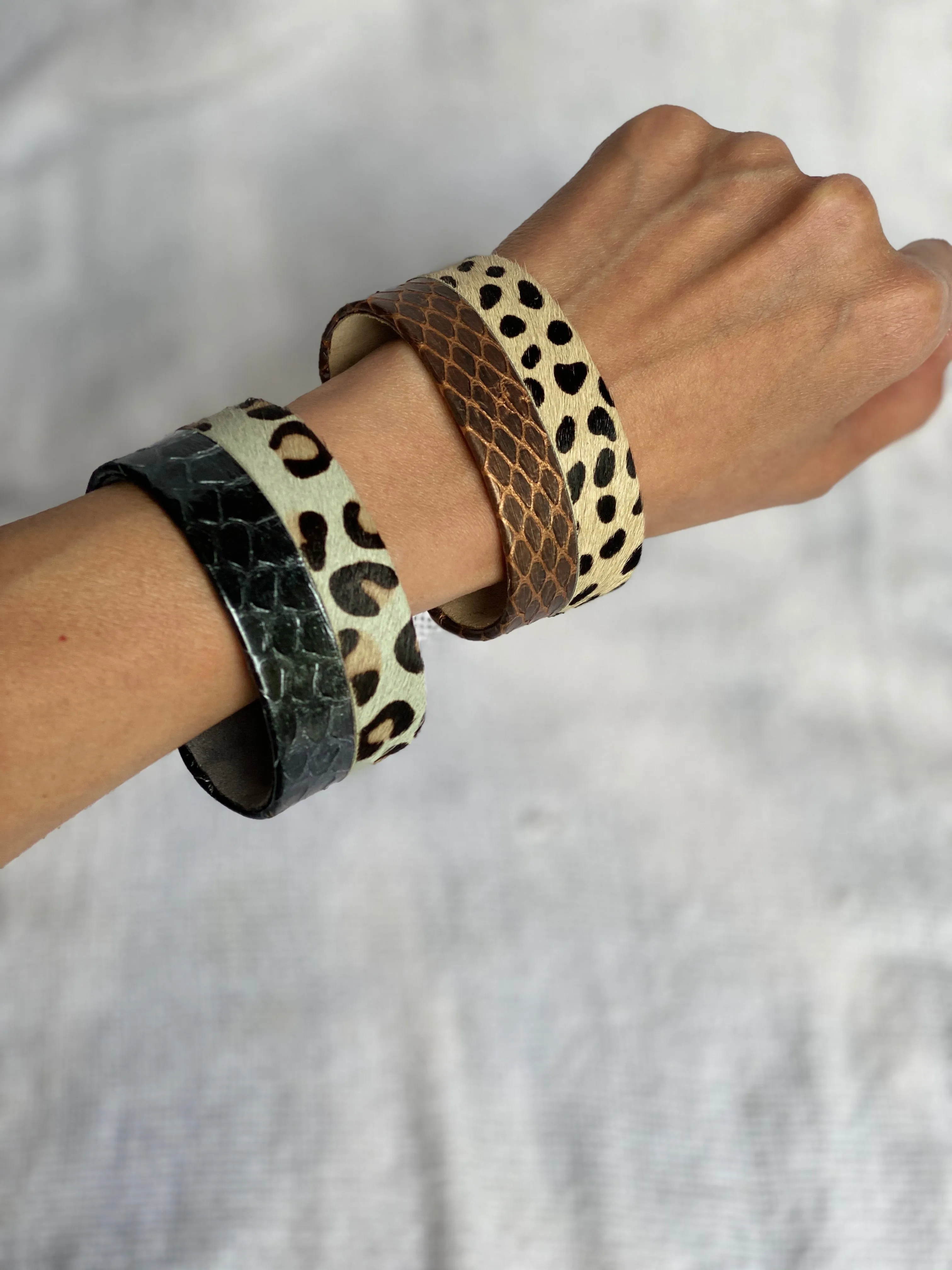 Modern cuff bracelet made with mix animal print design