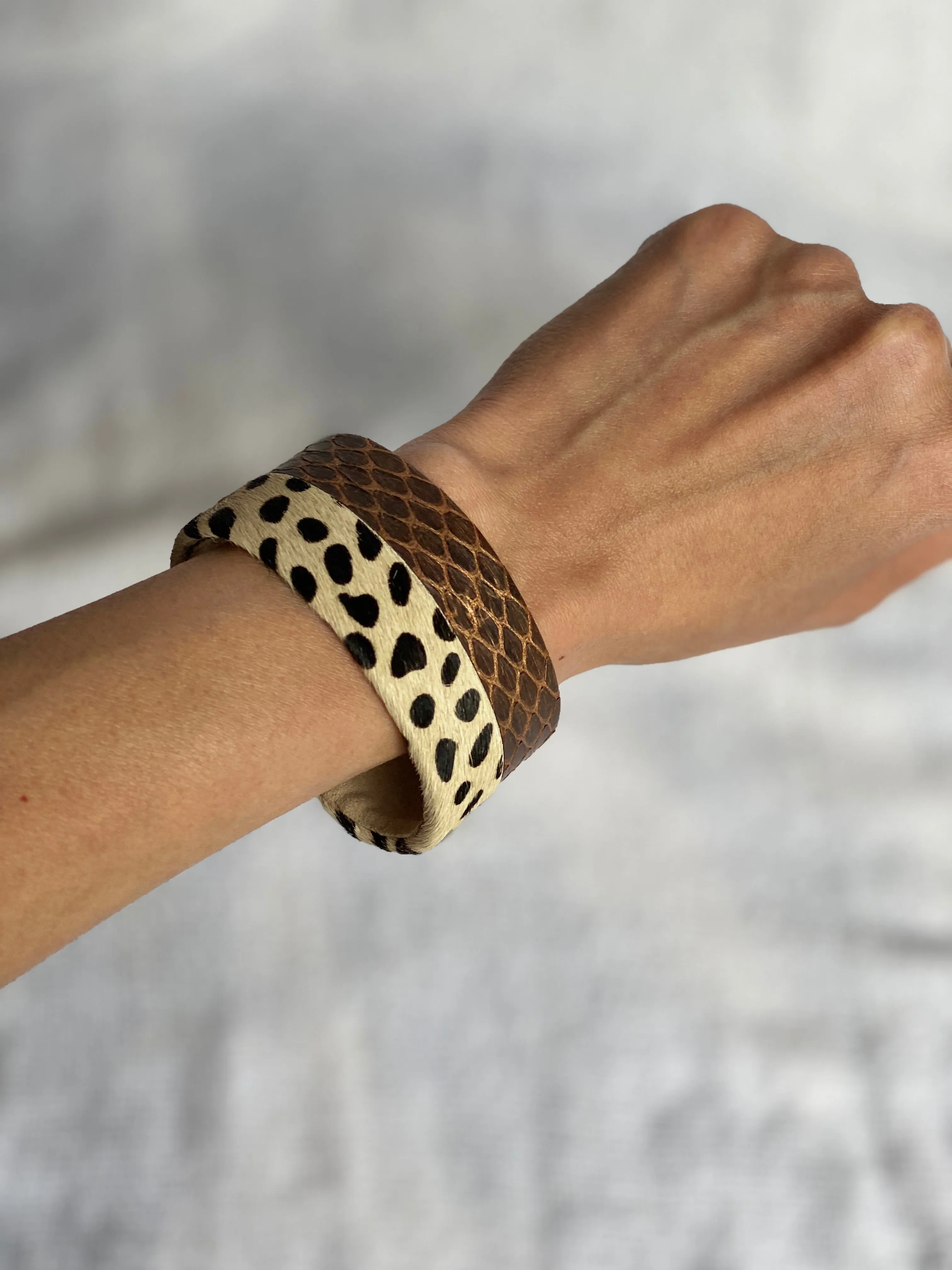 Modern cuff bracelet made with mix animal print design